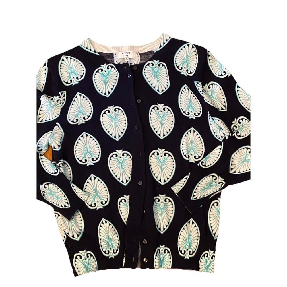 Crown and Ivy Shell‎ Navy  Print Cardigan Sweater M Women's Long Sleeve